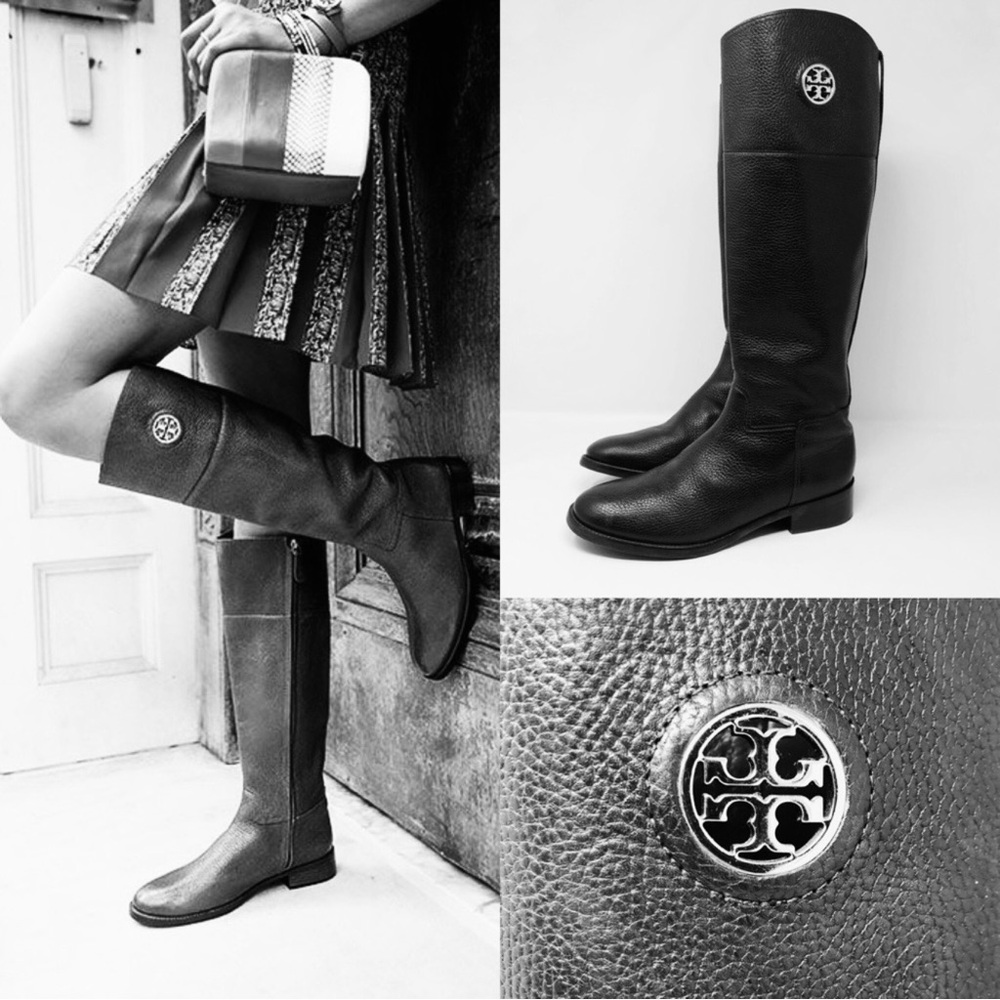 Tory Burch Black Tumbled Leather Pull On Junction Equestrian Riding Boots Gold 8 - Picture 3 of 16